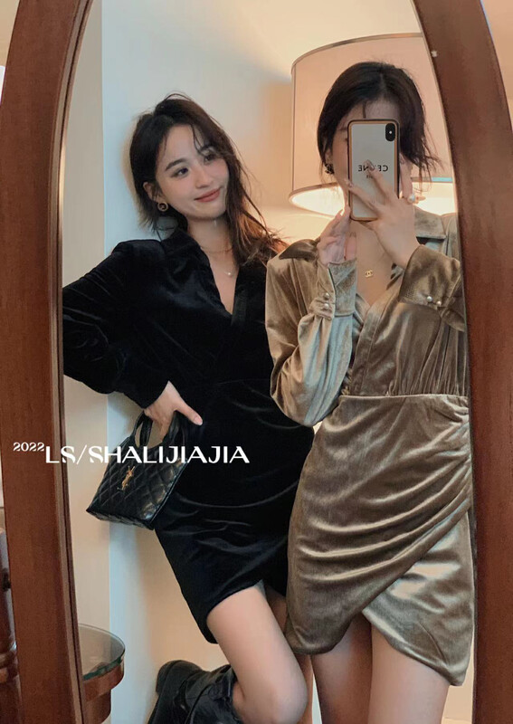 【LS】V-neck velvet dress 2931