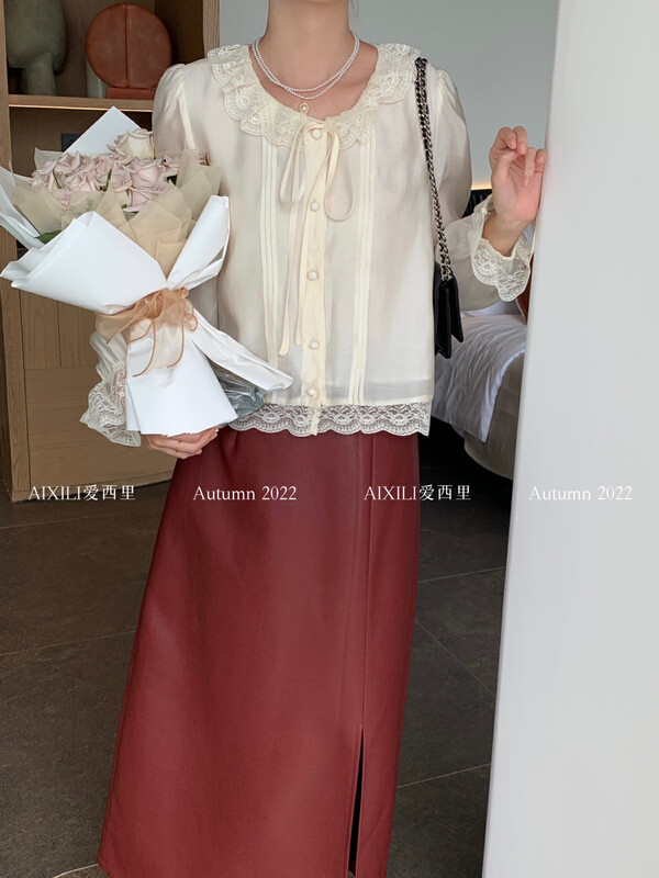 【AIXILI愛西里】圓領設計領口系帶拼蕾絲邊小衫襯衫單排扣7286