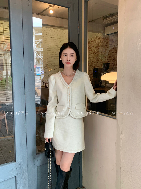 [AIXILI Aixili] Raw edge single-breasted slim temperament suit set (two-piece set) 7388# JHY