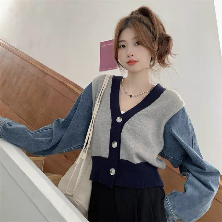 New in winter! [F·P] Japanese retro niche design denim long-sleeved knitted cardigan 29039# HBX