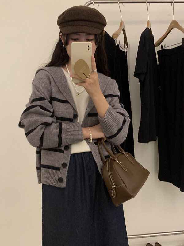 New in winter!【ARE YOU】Navy Collar Striped Comfortable Single Breasted Knit Cardigan 335# L