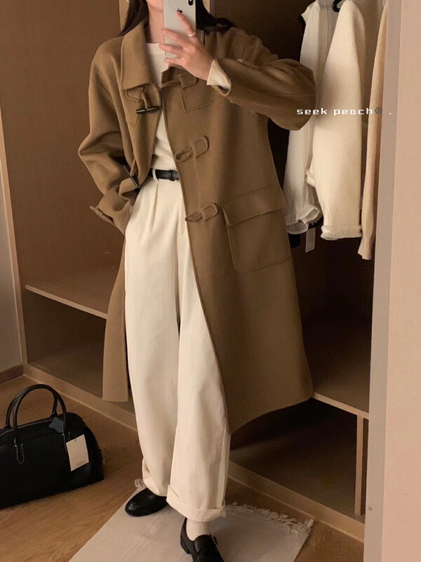 New in autumn! [SEEK PEACH] Design horn buckle double-sided wool coat (content 100% wool) 7705# L