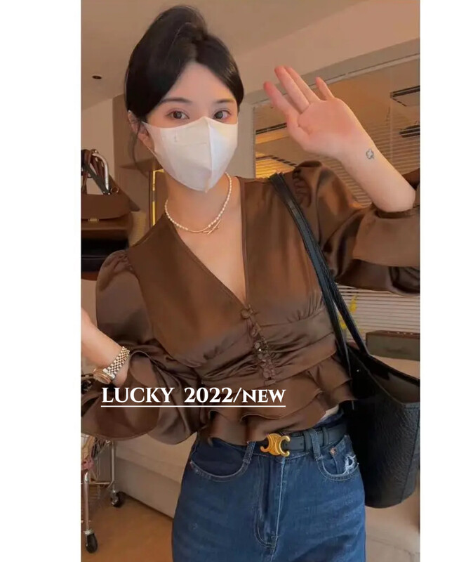 【LUCKY】High-quality V-neck pleated waist shirt 9614# ZXX