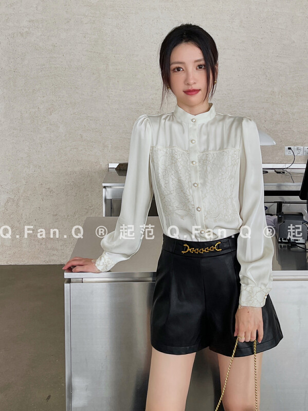 [Qi Fan] Satin Featured Lace Craft Shirt 80297# JHY