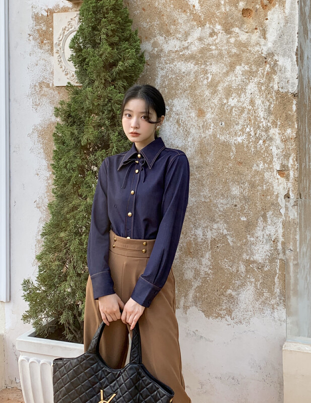 [HANNA Hanna] [Hannah] Simple commuter shirt women's 22 autumn new long-sleeved flip shirt H10530