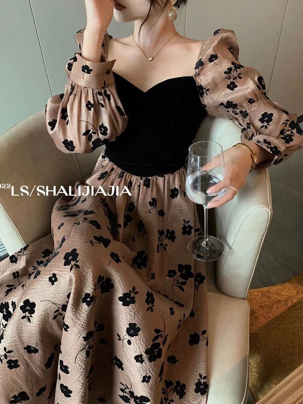 【LS】French retro patchwork velvet floral dress 8550-1# JHY