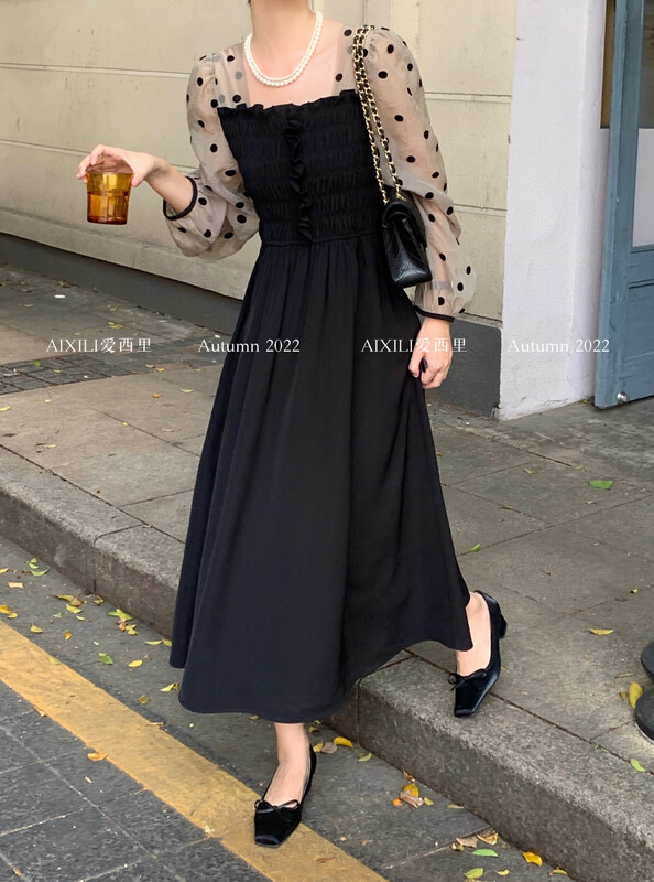[AIXILI Aixili] Square neck pleated slimming chiffon dress polka dot 7273