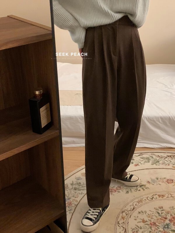 New in winter! [SEEK PEACH] Korean high-waisted straight woolen trousers 5865# L