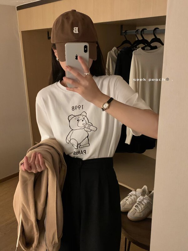 New in autumn! [SEEK PEACH] round neck pullover comfortable short-sleeved T-shirt 5750# L
