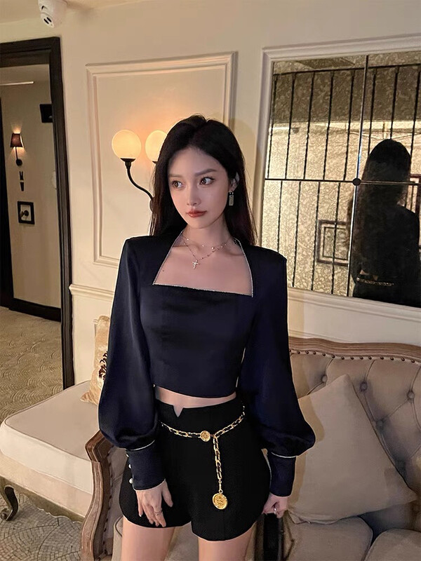 [Amanda] Temperament square collar waist all-match small shirt 8839# PCZ