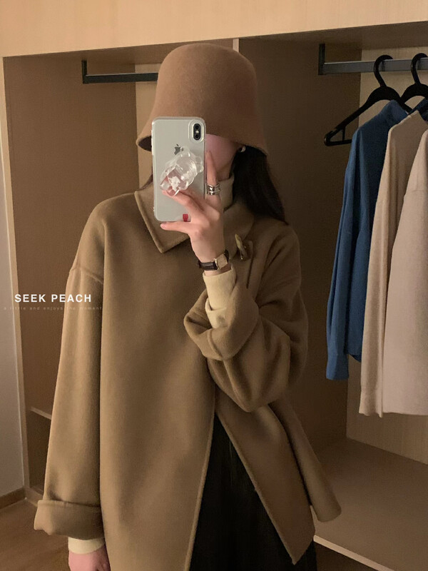 【SEEK PEACH】Korean style loose horn button wool coat (including 100% wool) 7703# L