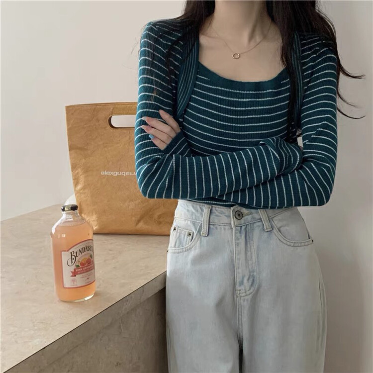 New in winter!【F·P】French elegant square collar fake two-piece knitted sweater 86081# HBX