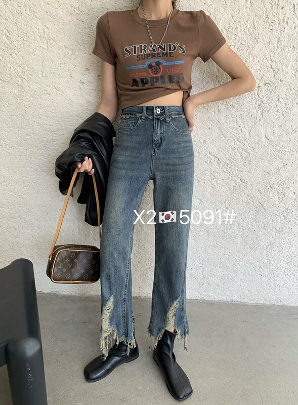 Autumn is new! [X2 square] raw edge straight slim jeans 5091# L