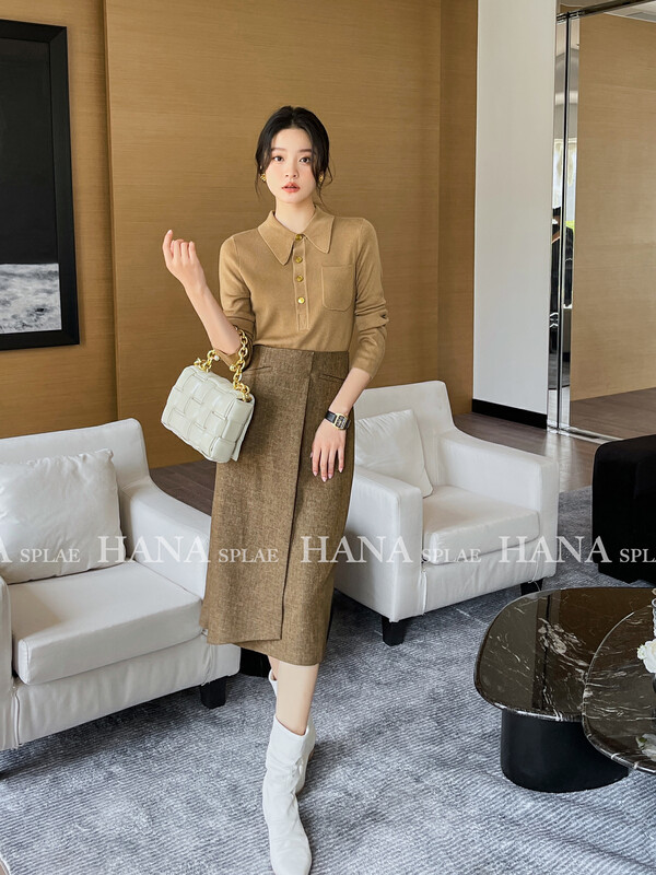 [HANNA Hanna] Simple temperament high-waisted skirt women's workplace commuting over-the-knee bag hip skirt skirt H3500