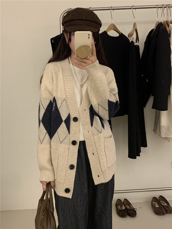 New in winter! [ARE YOU] Plaid Single Breasted Comfortable Warm Sweater 512# L