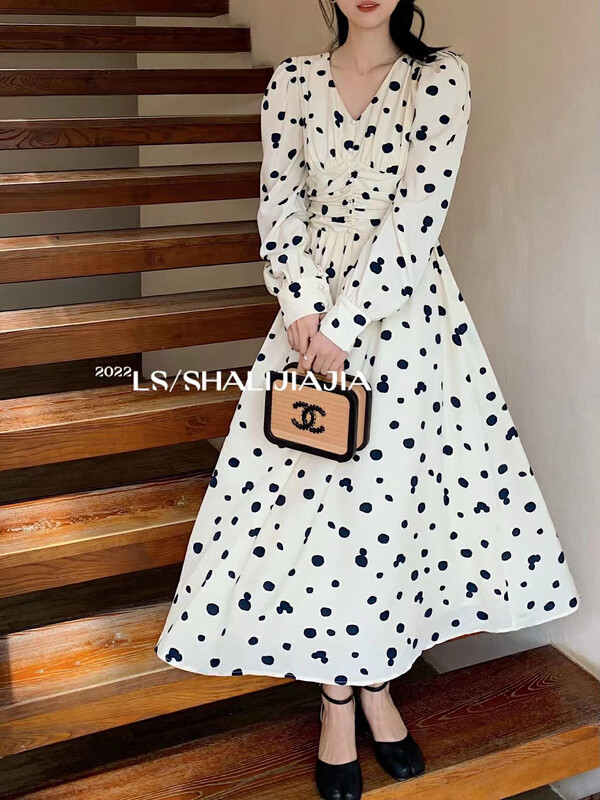 【LS】V-neck polka dot dress 2752