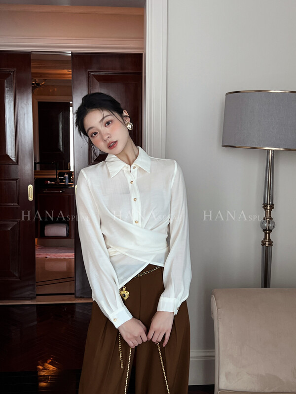 [HANNA Hanna] [Hanna] temperament lapel shirt waist cross design autumn new shirt H10392