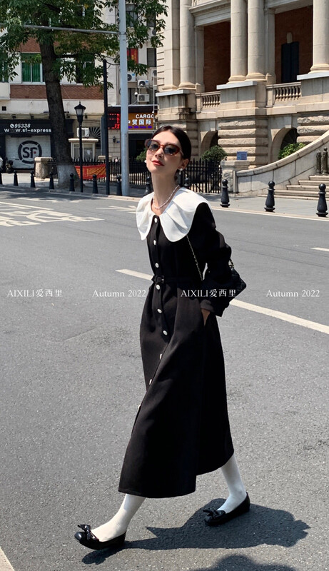[AIXILI Aixili] Small woman with belt single-breasted slim waist dress dress (with belt) solid color 7500
