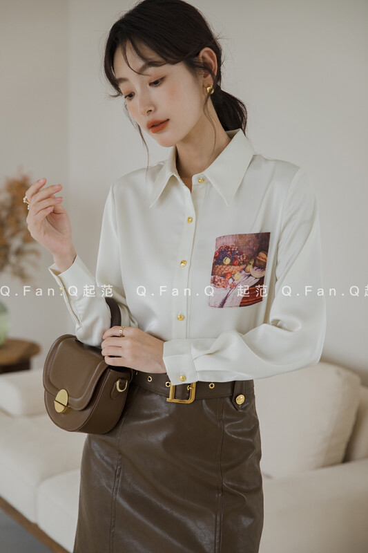 New in winter! [Fan] satin stitching characteristic print design simple and versatile commuter shirt 80363# JHY