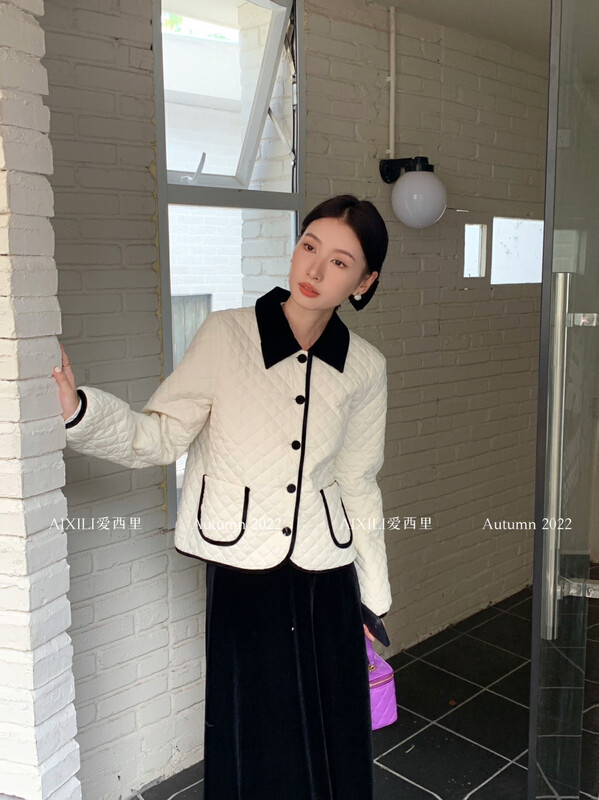 [AIXILI Aixili] Shirt collar single-breasted design slimming cotton jacket cotton clothing solid color 7580