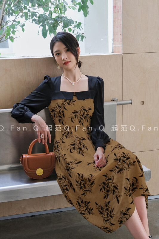 New in autumn! [Fan] French square neck long floral puff sleeves special craft dress F80268# JHY