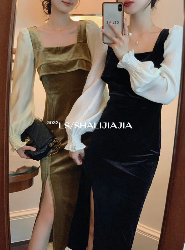 【LS】French Square Neck Gold Velvet Dress 51082