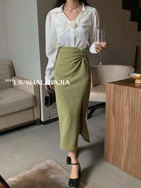 【LS】Fashionable all-match pleated slit skirt 8562# JHY