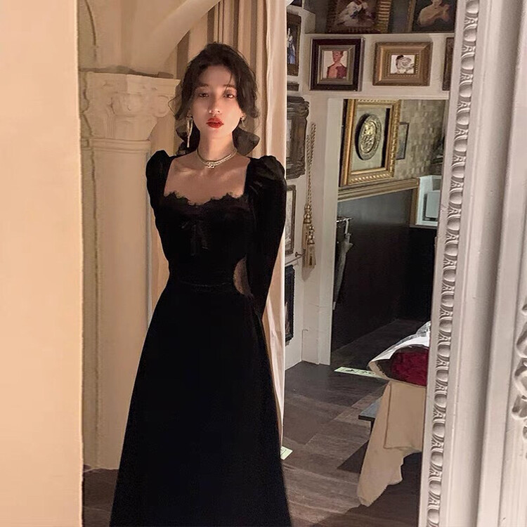 【Ou Zhengsha】French temperament waist slim velvet dress 19105# JJ