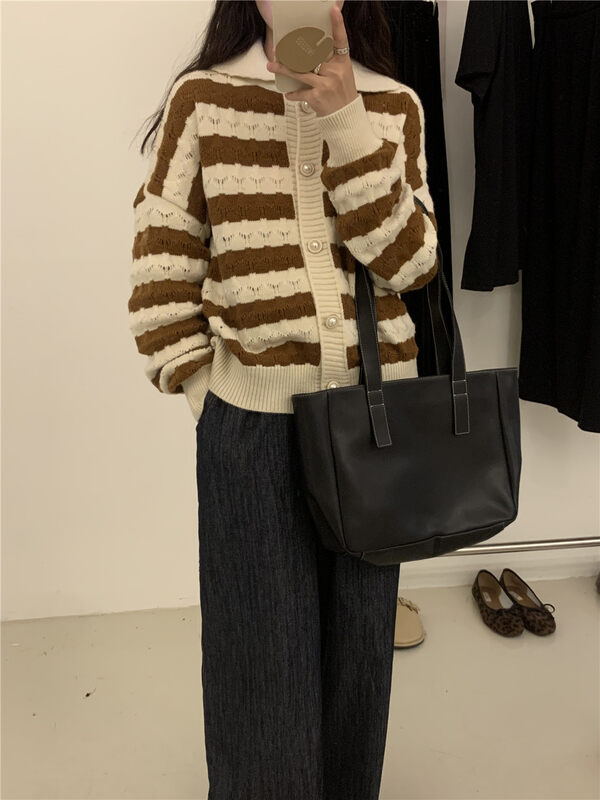 New in winter!【ARE YOU】Single-breasted striped comfortable loose warm sweater 355# L