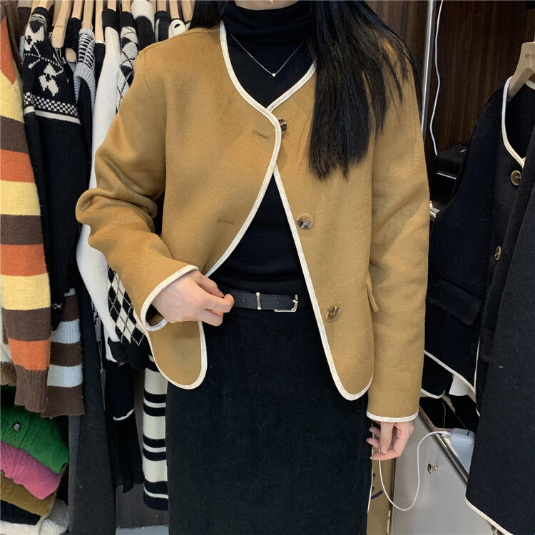 New in winter! [ARE YOU] Round neck single-breasted comfortable color-block wool coat (including 100% Australian wool) 532# L