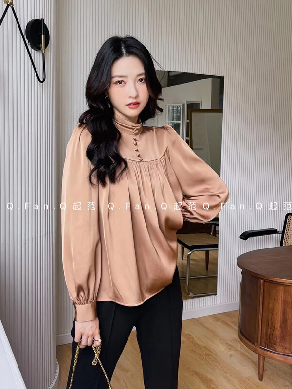 New in autumn! [Fan] textured high-end collar puff sleeve satin shirt 80299# JHY