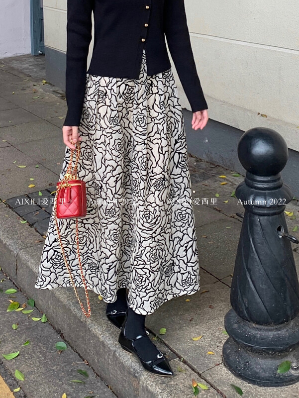 [AIXILI Aixili] Mid-waist pattern design skirt and skirt all-match 7382