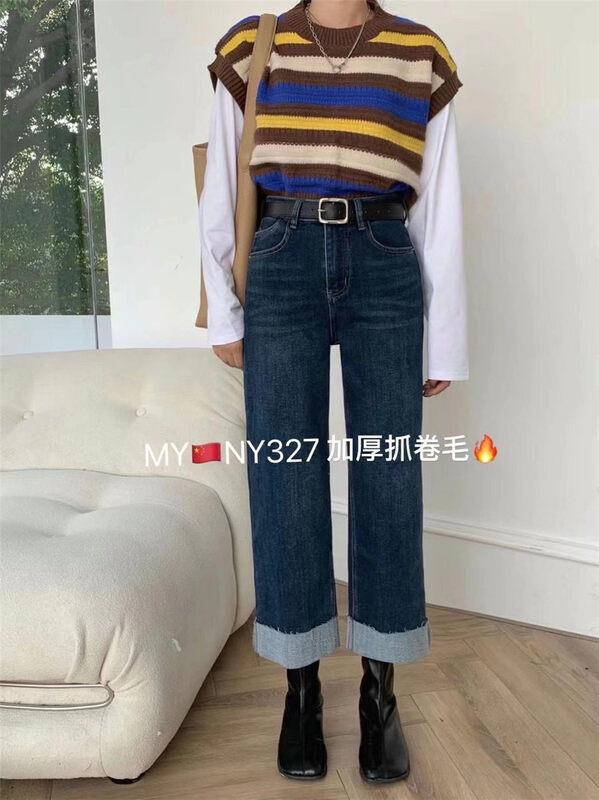 New in winter! [X2 square] high waist thickened and comfortable all-match straight jeans (without belt) YS1-327# L