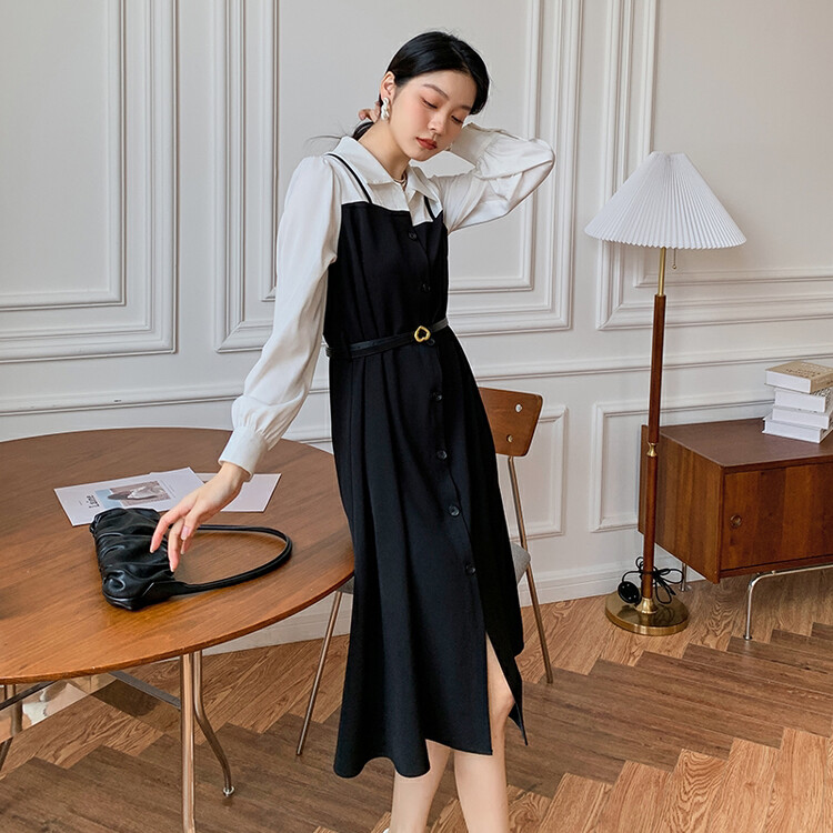 [HANNA Hanna] [Hanna] Black and white spelling waist slimming dress 2022 new dress M5207-1