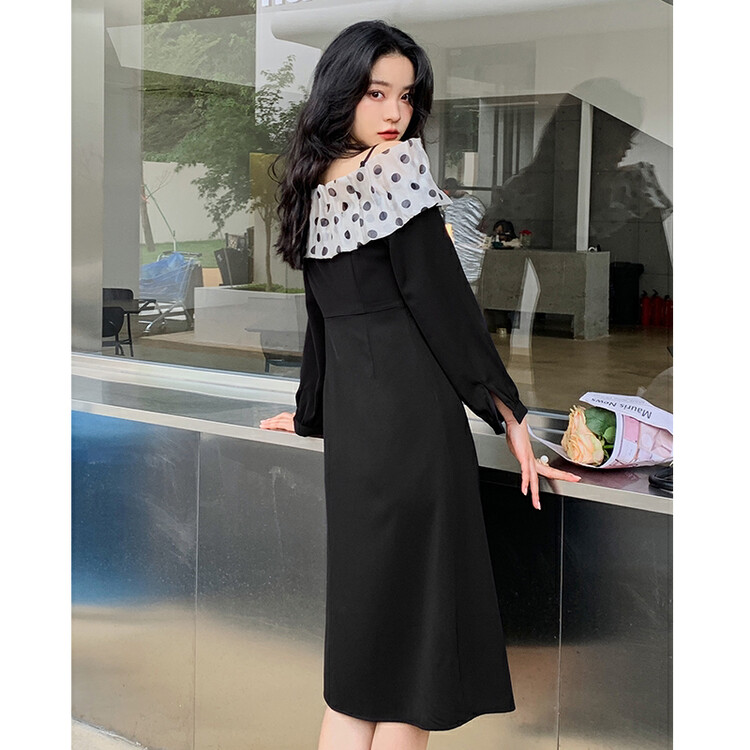 Original price 130.72! [HANNA Hanna] Pure Desire Dress Female Polka Dot One-word Collar Spell Receiving Waist A-line Skirt Dress 3329