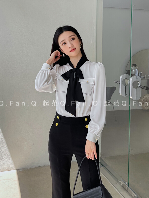 new product launch!  [Qi Fan] Satin feature contrast color stitching tied bow shirt 80398# JHY
