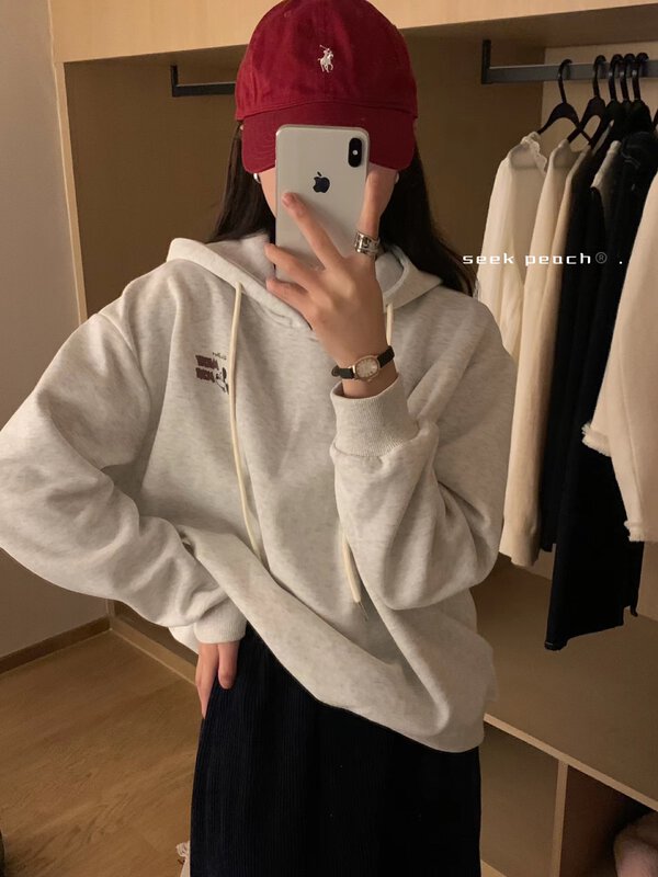 New in autumn! Plus velvet [SEEK PEACH] hooded pullover comfortable color matching sweater 5788# L