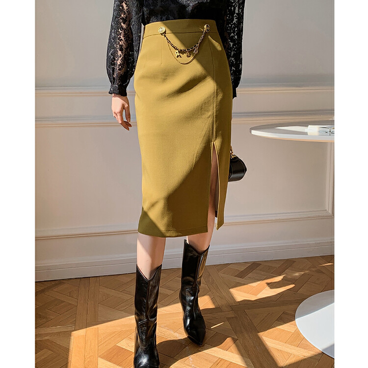 Original price 95.89! [HANNA contains that] temperament commuter skirt 22 autumn new high waist and thin metal decoration half skirt H1306