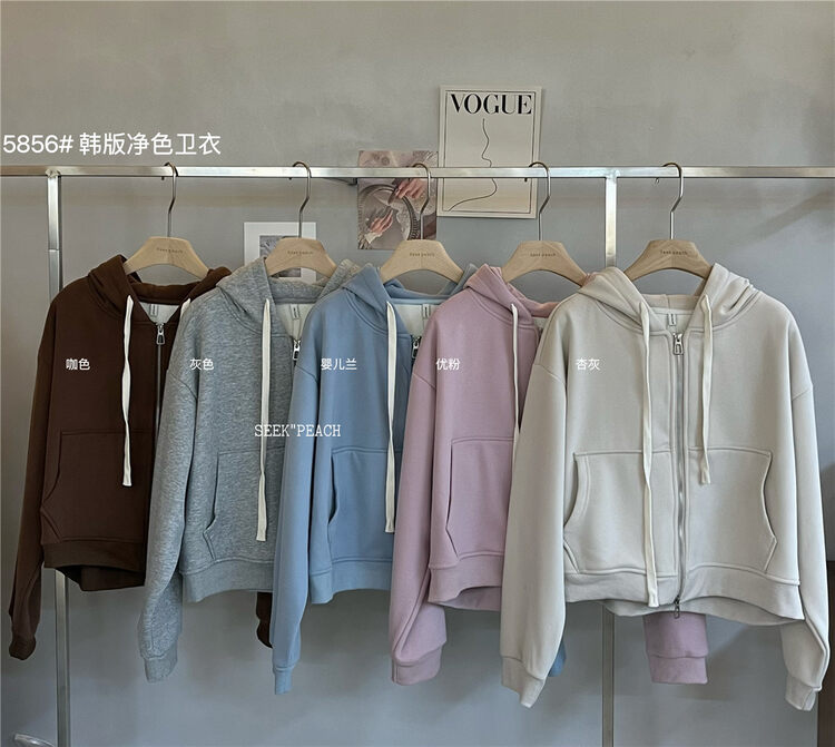 【SEEK PEACH】Hooded zipper solid color fleece short jacket 5856# L