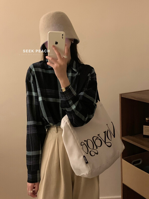 【SEEK PEACH】Classic Check Loose Shirt 5837# L