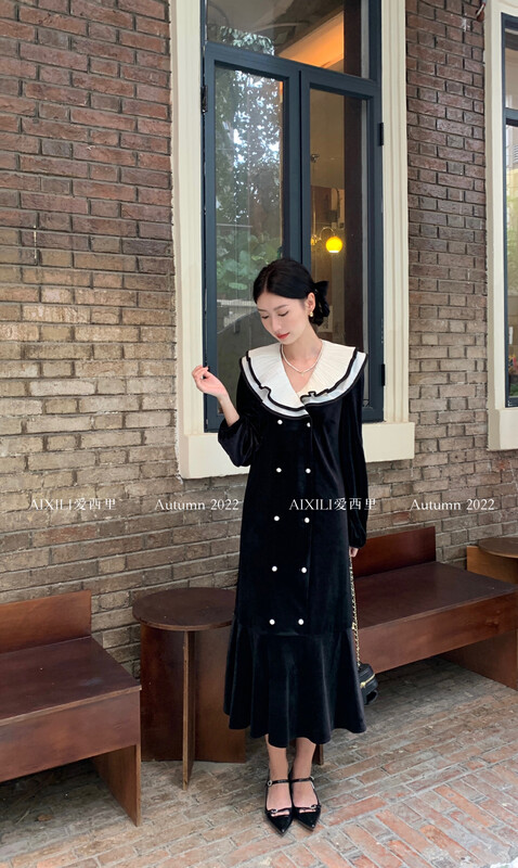 【AIXILI Aixili】velvet double-breasted temperament slim dress dress slimming 7218