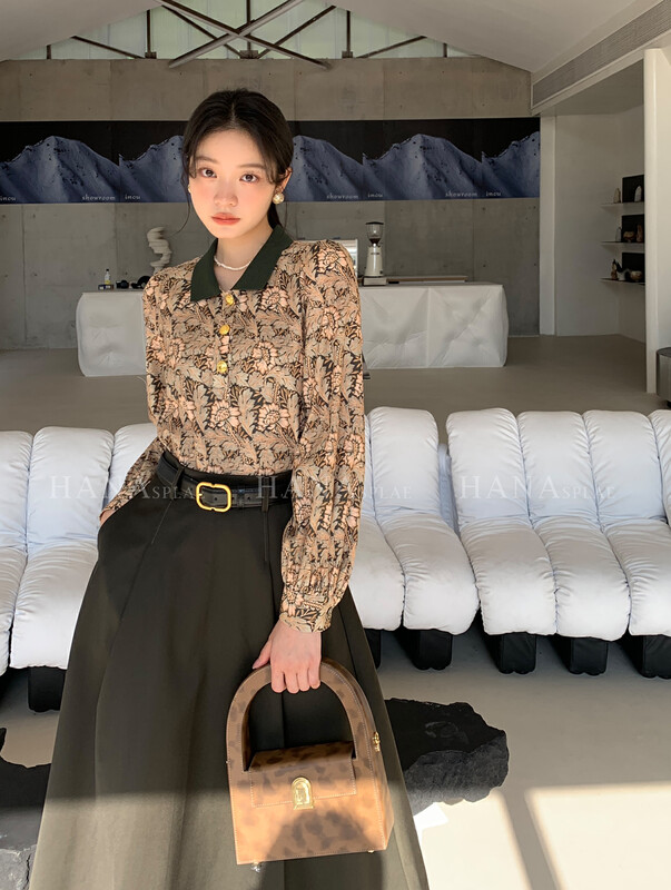 [HANNA Hanna] French printed chiffon shirt with lapel contrast color long-sleeved small shirt shirt H10603# JHY