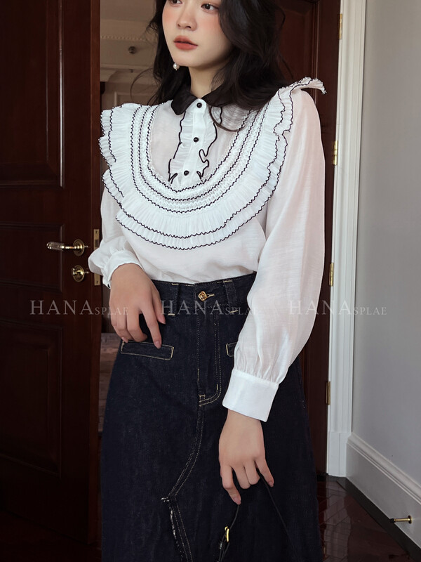 [HANNA Hanna] [Hanna] French elegant chiffon shirt women's 22 autumn new lotus chiffon shirt H10205