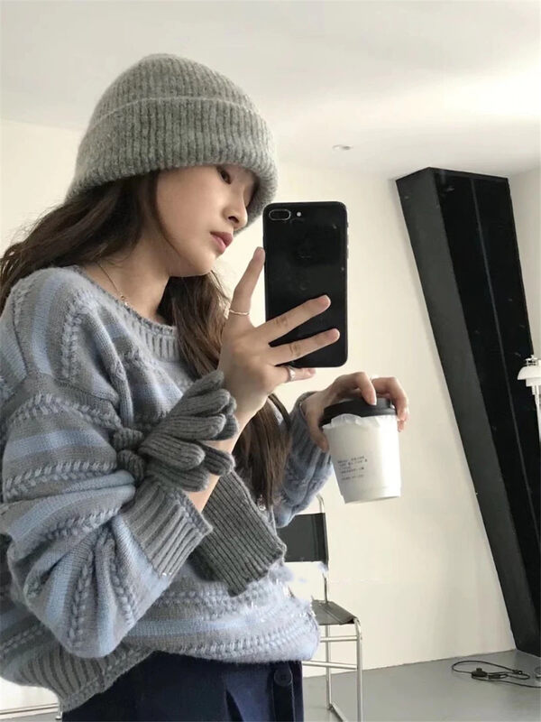 New in autumn!【ARE YOU】Striped single-breasted comfortable all-match warm sweater 318# L