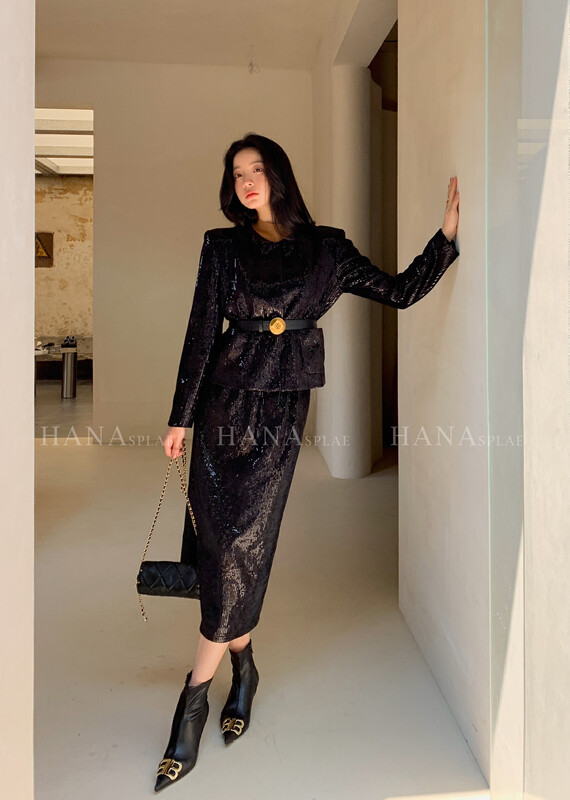 [HANNA Hanna] Fashion sequined skirt workplace commuter temperament knee-length long skirt H3508