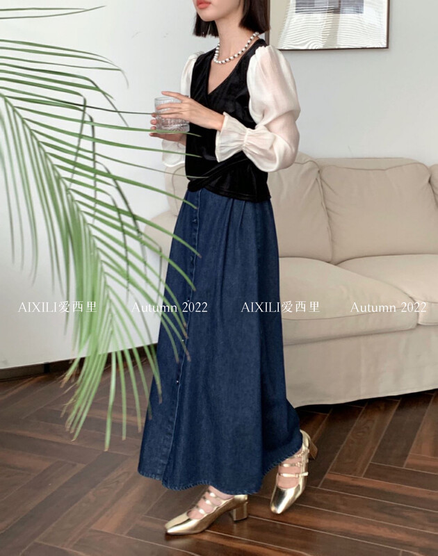 [AIXILI Aixili] Mid-waist solid color slimming skirt and skirt rear zipper 7077