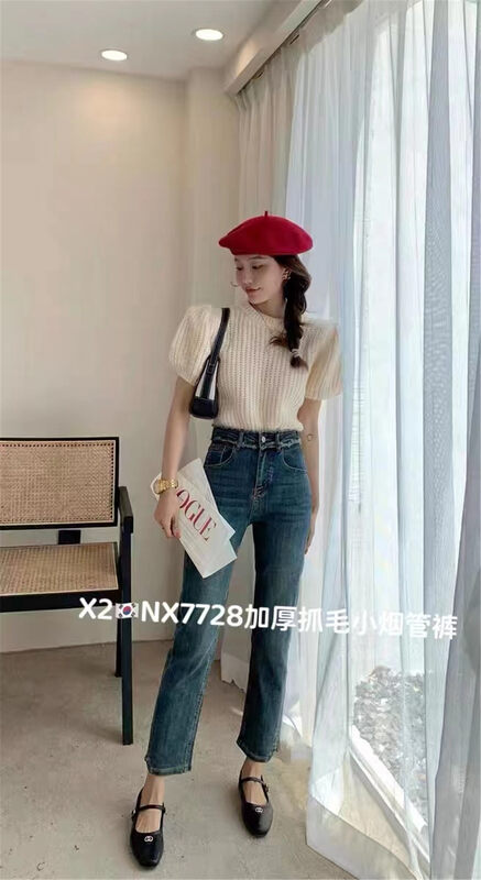 New in winter! [X2 square] straight high waist slim jeans 7728# L