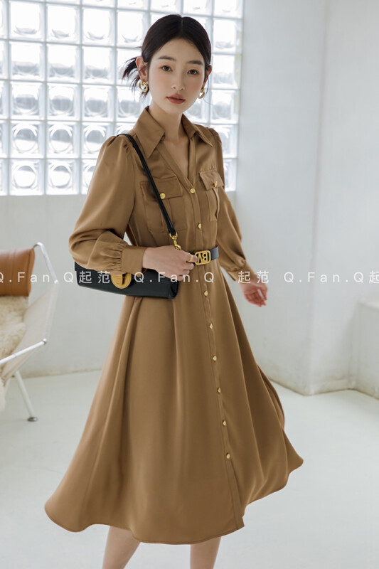 Autumn is new! [Fan] Satin V-neck dress (with belt) 80196# JHY