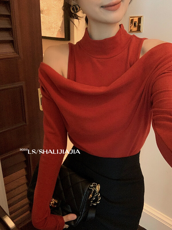 [LS] Western-style slim-fit off-the-shoulder half turtleneck shirt 60212