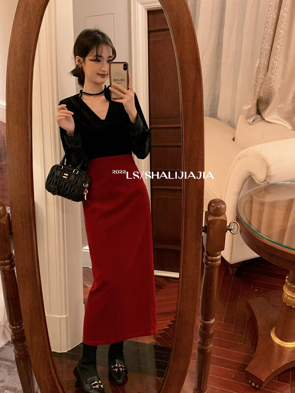 [LS] Western-style all-match solid color velvet skirt 51081